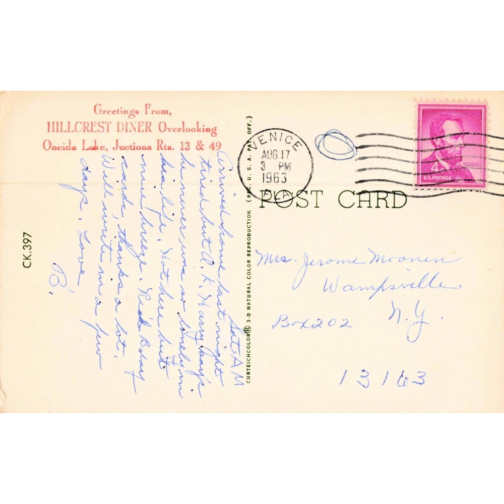 Vintage 1963 Placid Waters Oneida Lake Hillcrest Diner Postcard Lincoln Stamp - Picture 2 of 2